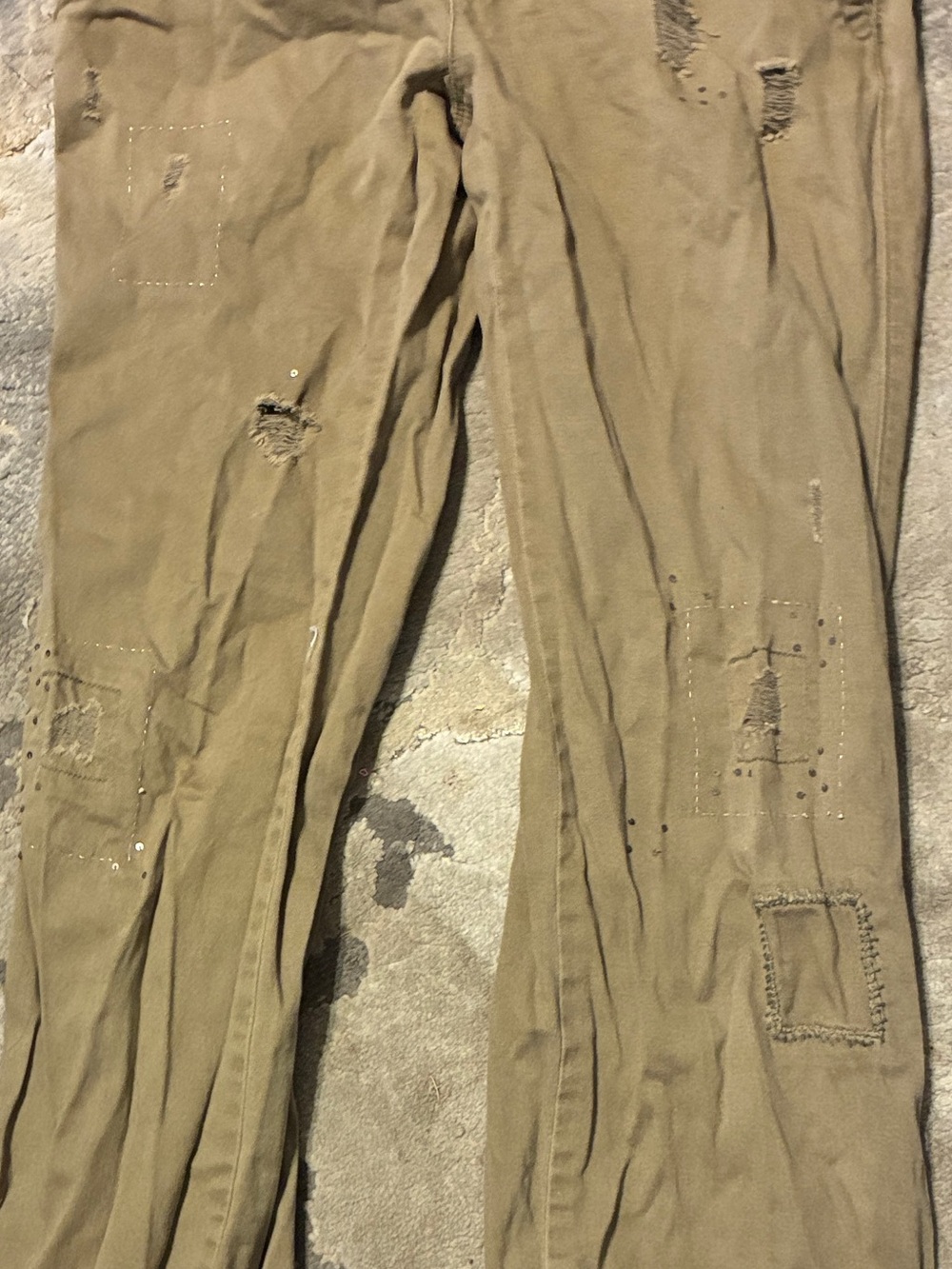 American Eagle woman’s Distressed khaki Pants with Patch & Stud Detail